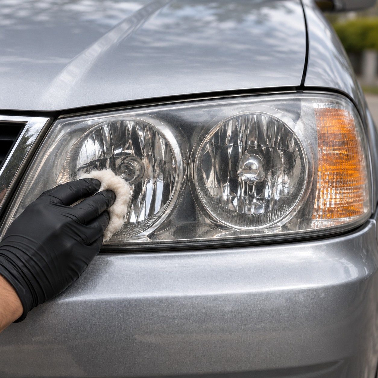 Aplicação ilustrativa com estopa na parte externa do farol de um carro prata